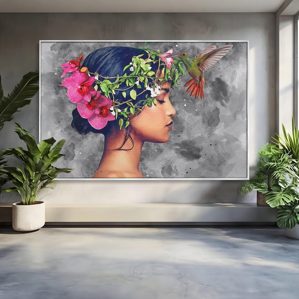 Tablou canvas cu tablou canvas cu portret de femeie si colibri, in rama de aluminiu argintiu